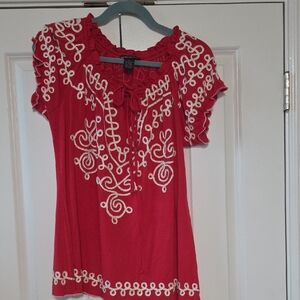 Lauren Michelle Red Blouse with White Embroidery